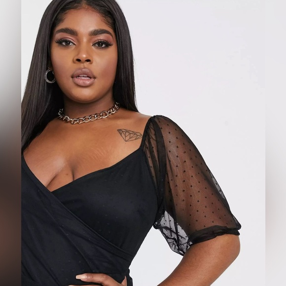 ASOS DESIGN | Dobby Mesh, Puffy Sleeve, Faux Wrap, Dress in Black - Picture 11 of 13